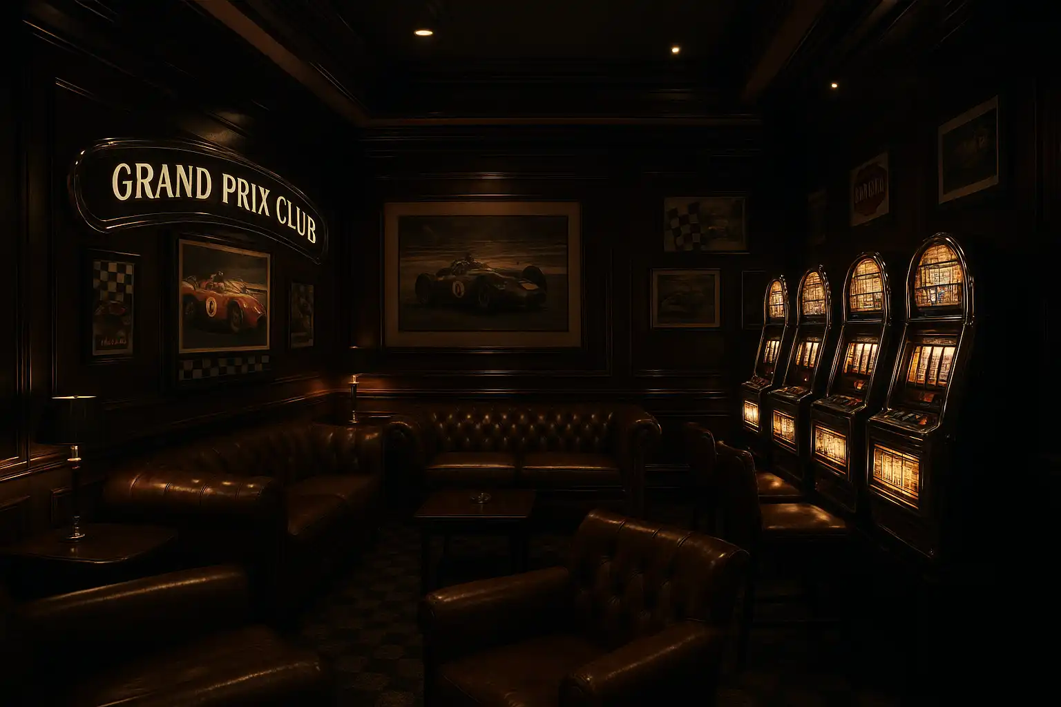 Vintage racing memorabilia and chrome slot machines inside the SpinyRush Grand Prix Club lounge