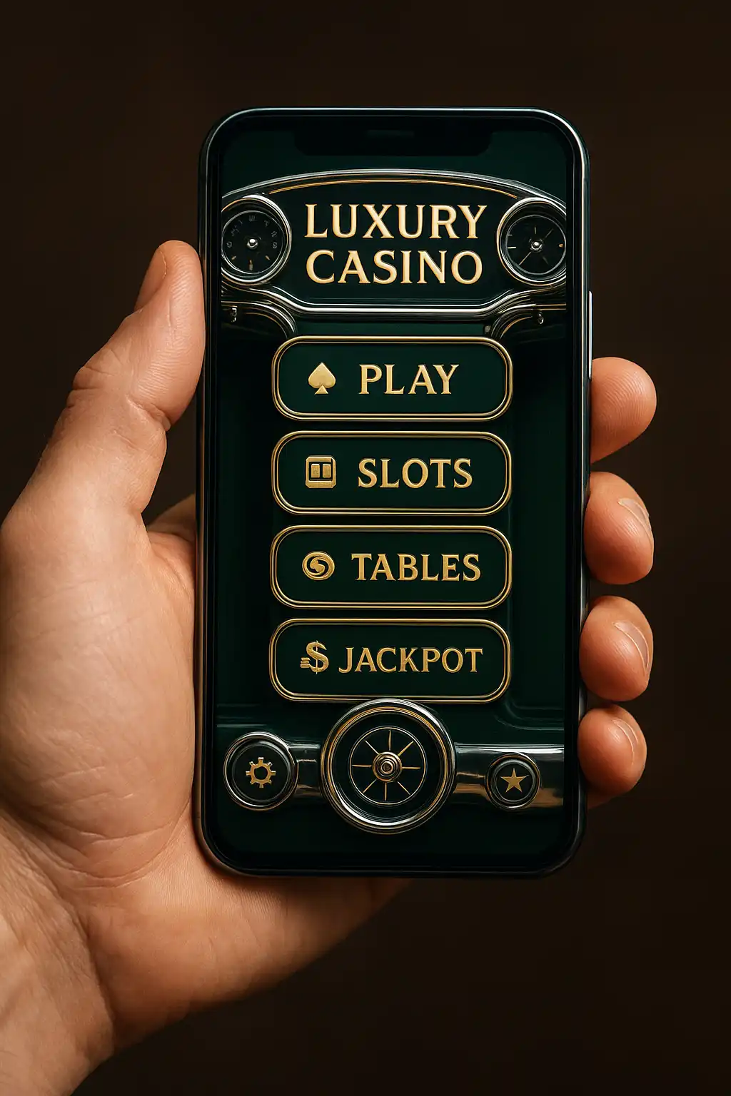 Hand holding a smartphone showing the SpinyRush casino app lobby with chrome racing dashboard styling