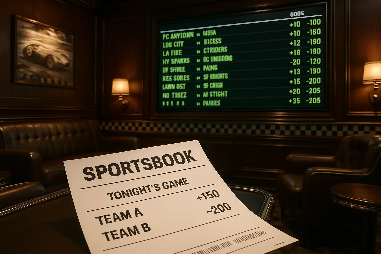 Sportsbook betting slip and odds board displayed on a screen inside the SpinyRush Grand Prix Club lounge