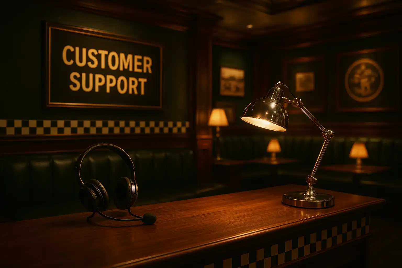 Support agent headset and chrome desk lamp representing the SpinyRush Grand Prix Club help desk